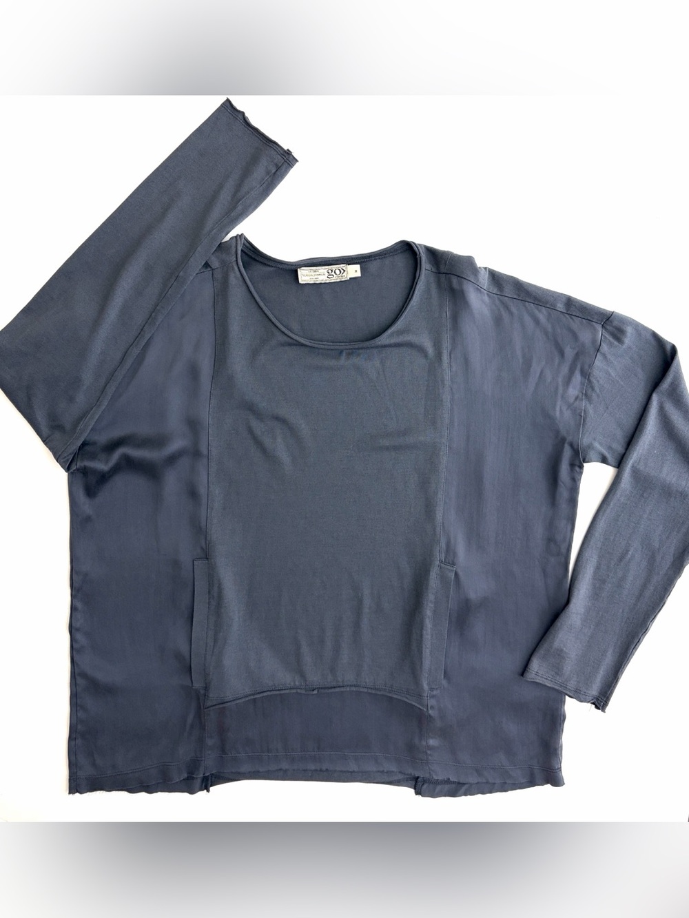 Go by Go Silk Top Pullover Pockets 100% Silk Shirt Blue Long Sleeve Medium - Picture 6 of 15